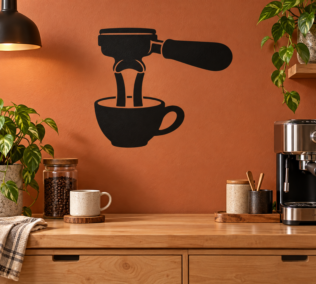 Espresso portafilter and cup vinyl decal, black silhouette with long handle and spout