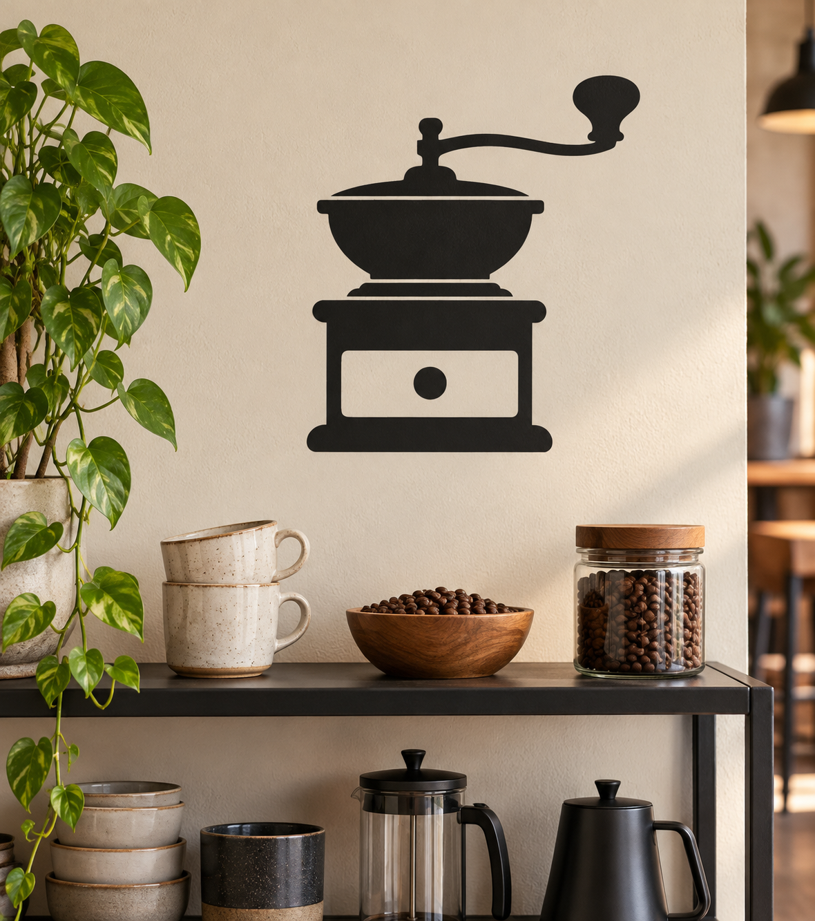 Coffee grinder silhouette vinyl wall decal in black, featuring a grinder and drawer