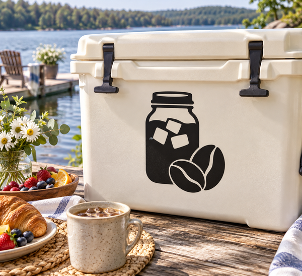 Off-white cooler jar with black vinyl decal of coffee jar and bean graphic