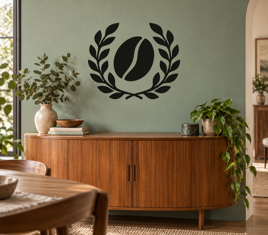 Black coffee bean laurel arc vinyl decal centered on a wall