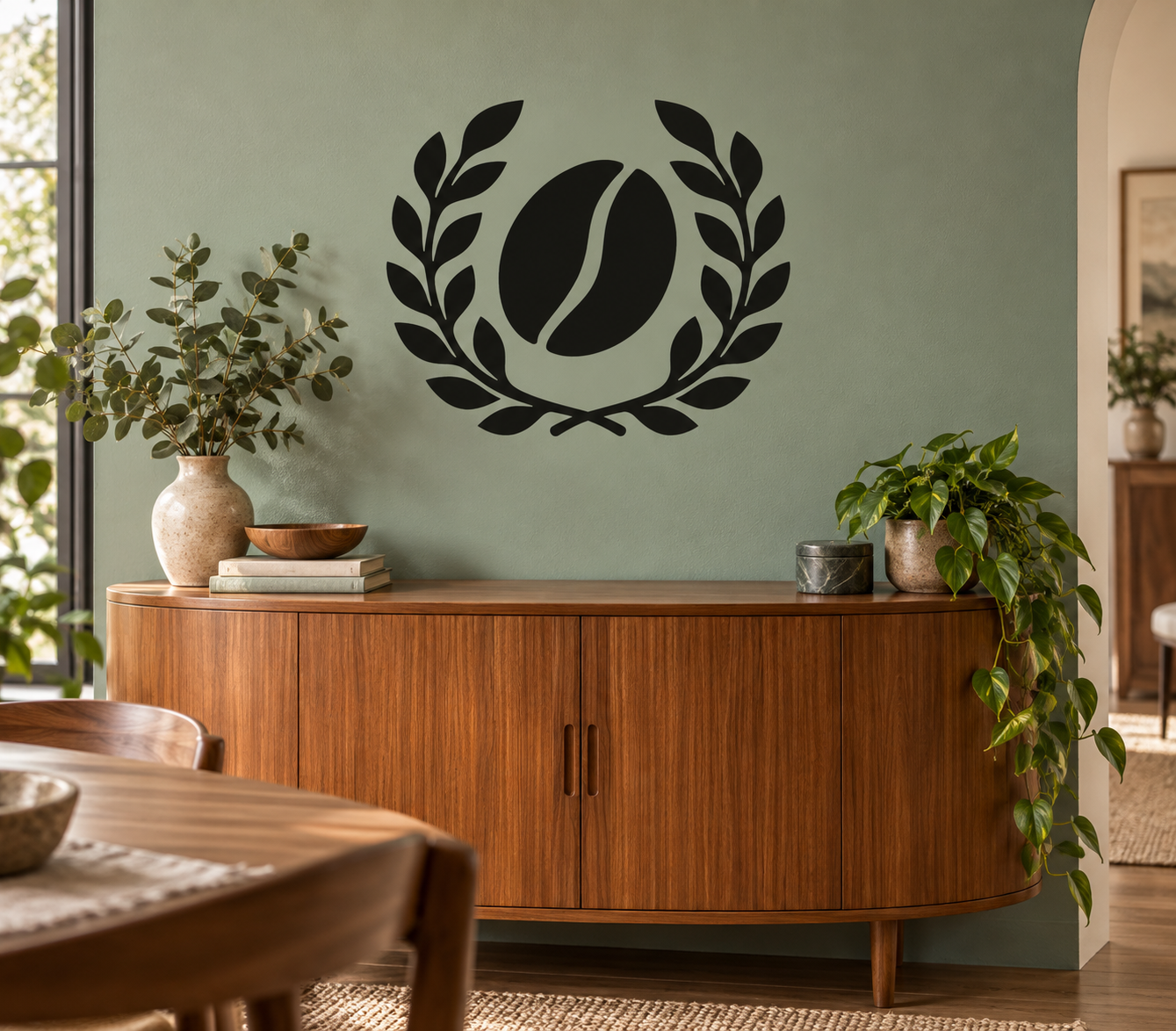 Black coffee bean laurel arc vinyl decal centered on a wall