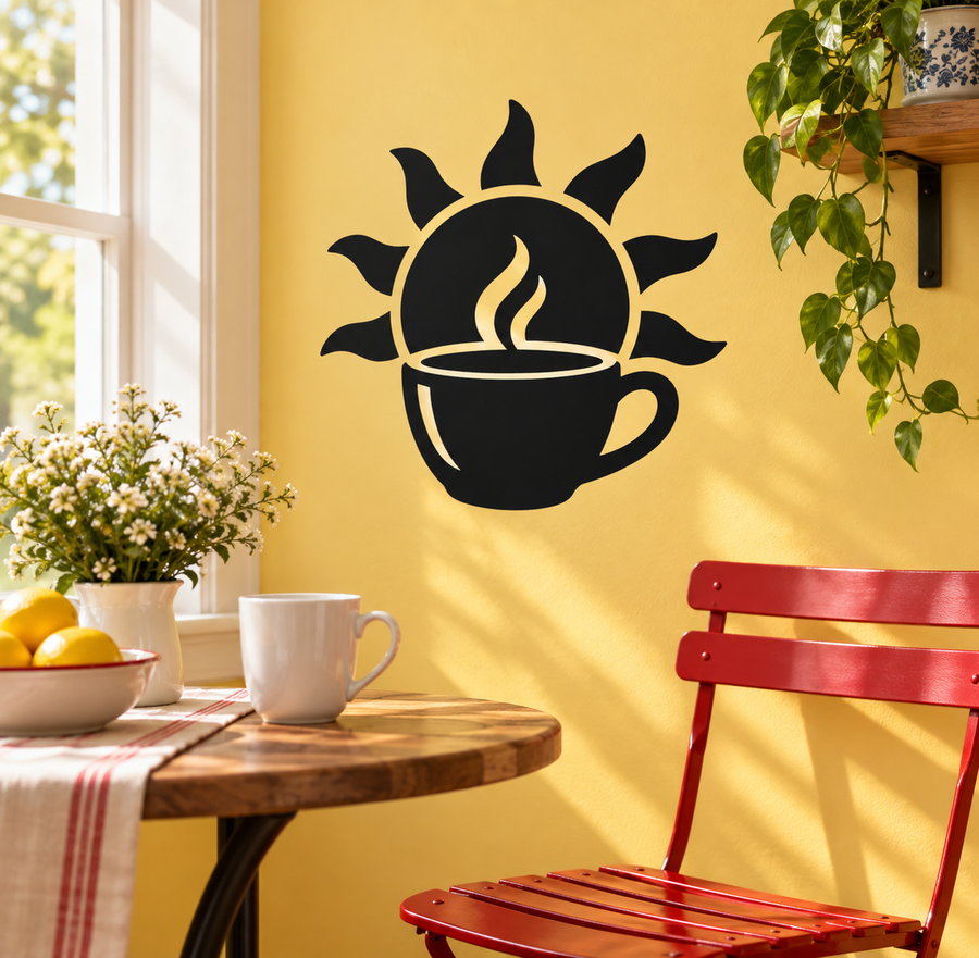 Coffee cup and sun vinyl decal, black graphic with white outlines on a wall