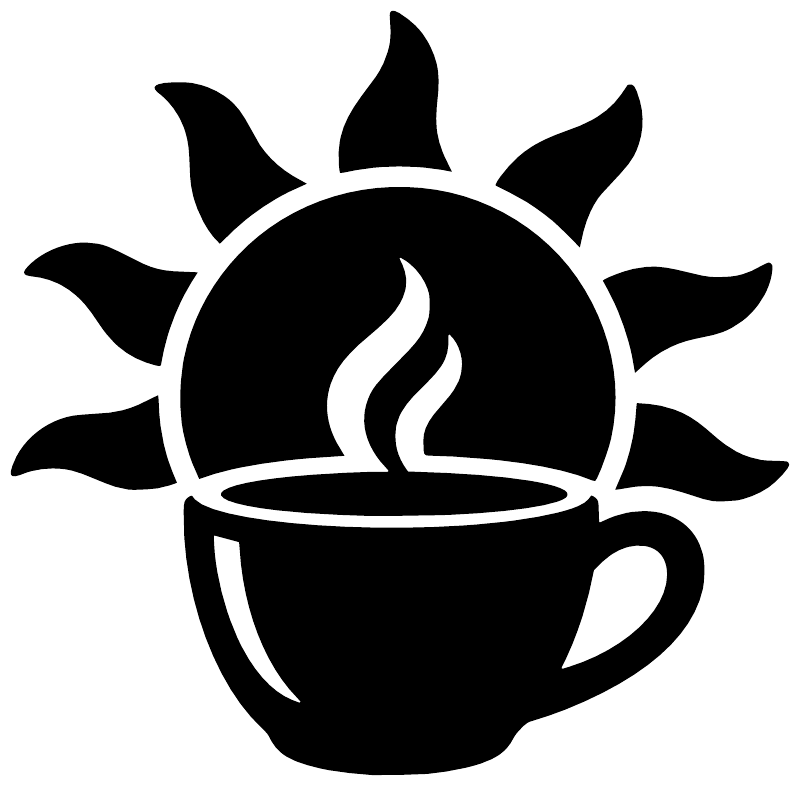 Coffee cup and sun vinyl decal close-up, black cup and sun with white outline