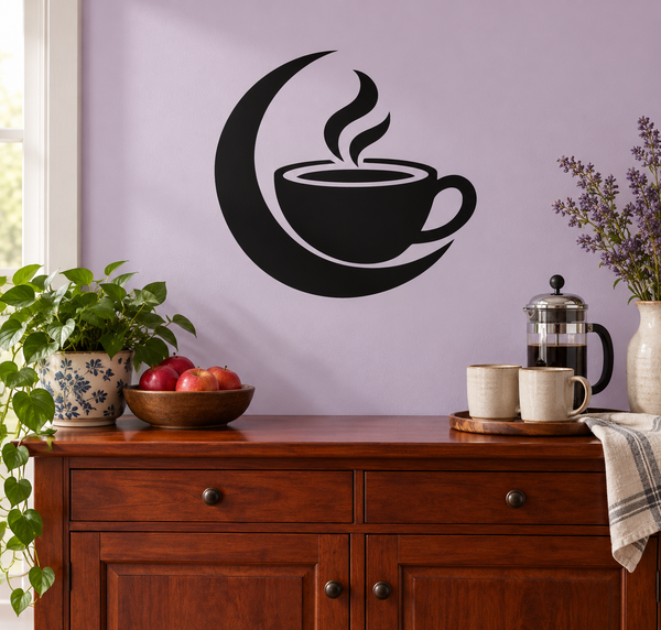 Coffee and crescent vinyl decal: black crescent moon with steaming cup