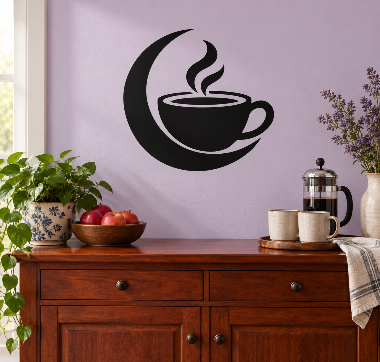 Coffee and crescent vinyl decal: black crescent moon with steaming cup