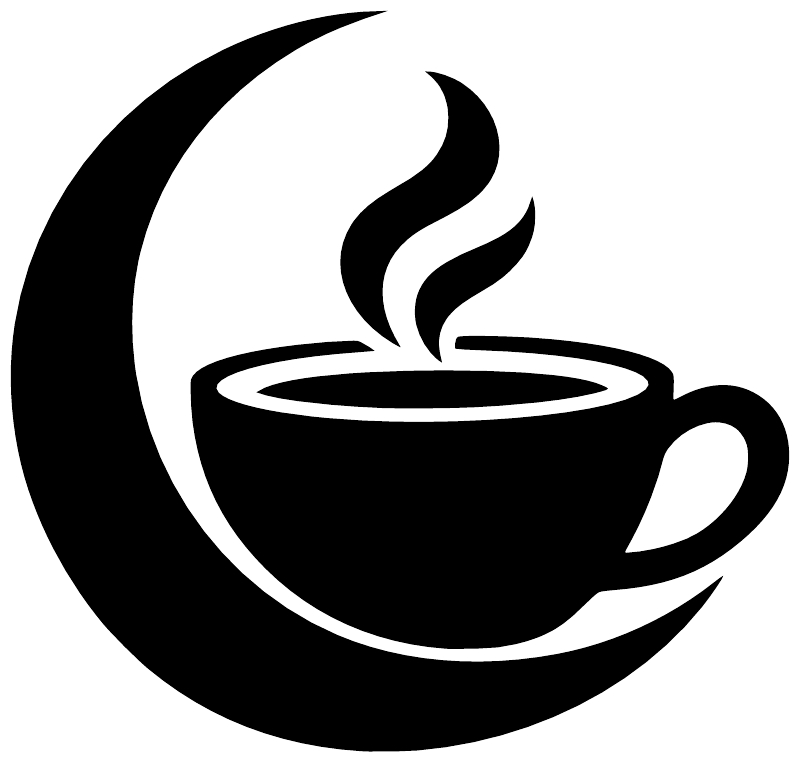 Coffee cup and crescent vinyl decal close-up, black moon with steam and mug