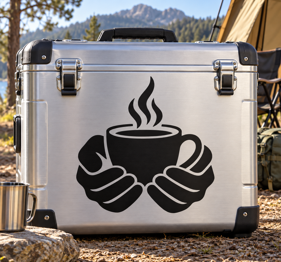 Coffee cup and hands vinyl decal on metal cooler, black steaming cup icon