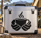 Coffee cup and hands vinyl decal on metal cooler, black steaming cup icon