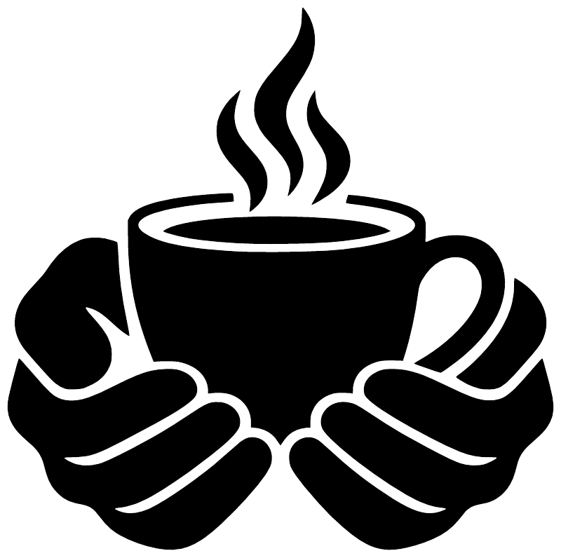 Coffee cup and hands vinyl decal, black steaming cup graphic