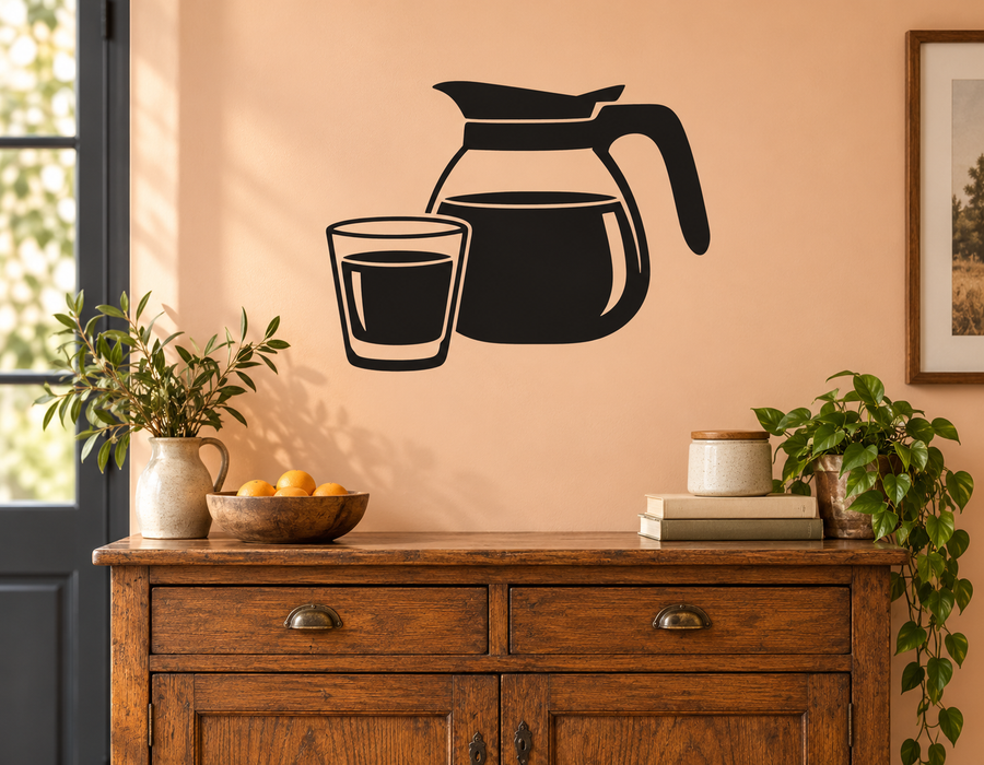 Coffee carafe and cup vinyl wall decal with black silhouette, sized for easy placement