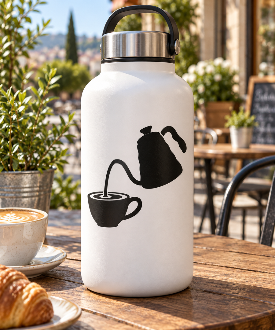 Coffee kettle pour silhouette vinyl decal on white tumbler with spouted coffee cup
