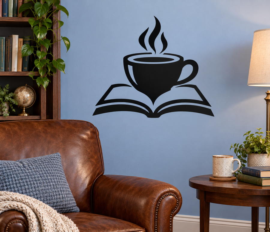 Coffee cup and open book vinyl wall decal with steaming icons, black silhouette