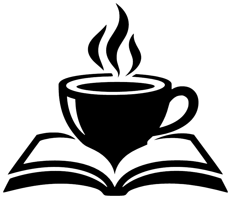 Coffee cup with steam above open book vinyl decal, bold black silhouette