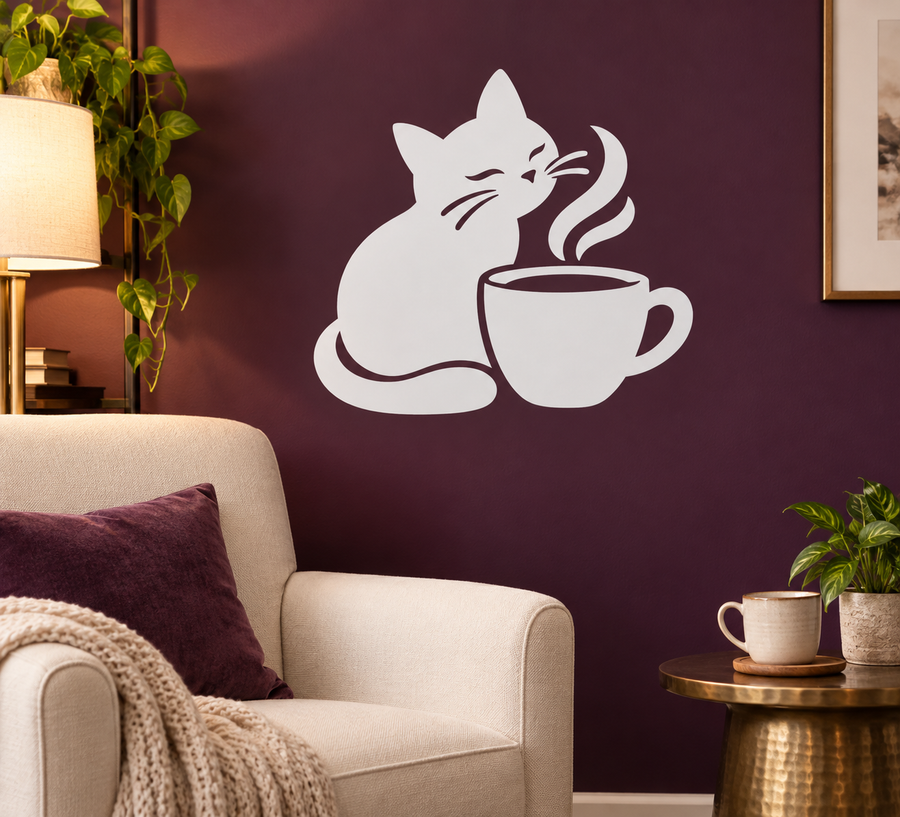 Cat coffee cup vinyl decal: white cat with cup and steam wall sticker