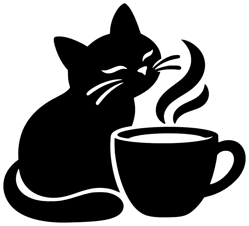 Cat coffee cup vinyl decal: black cat curled with dark cup and steam