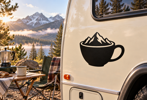 Coffee cup and mountain ridge vinyl decal on vehicle side