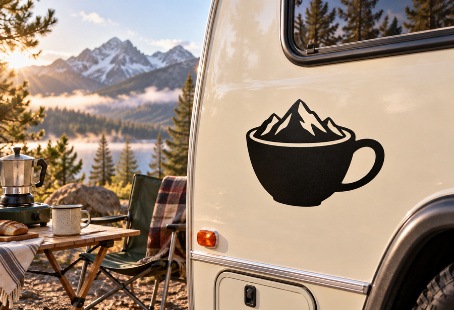 Coffee cup and mountain ridge vinyl decal on vehicle side