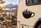 Coffee cup and mountain ridge vinyl decal on vehicle side