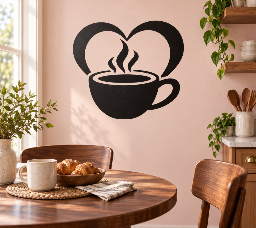 Black heart vinyl decal with steaming coffee cup and saucer