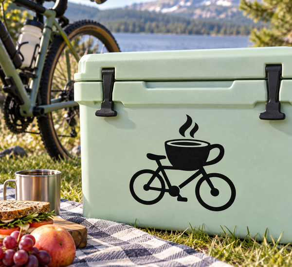 Black coffee cup and bicycle vinyl decal, featuring steaming cup over bike frame.