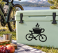 Black coffee cup and bicycle vinyl decal, featuring steaming cup over bike frame.