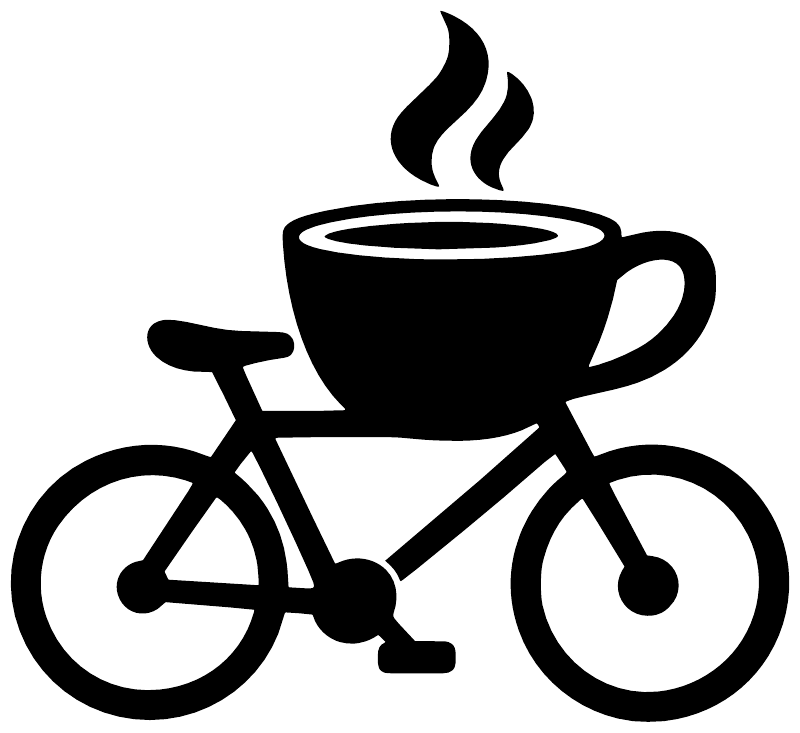 Black coffee cup with steam and bicycle vinyl decal, bold outline graphic.