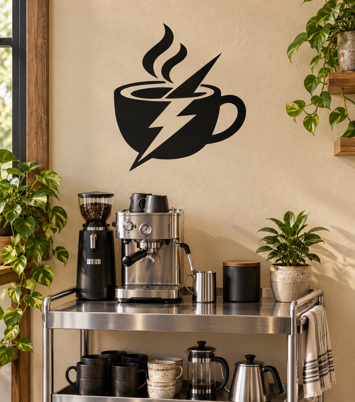 Coffee cup vinyl decal with lightning bolt, black design on wall