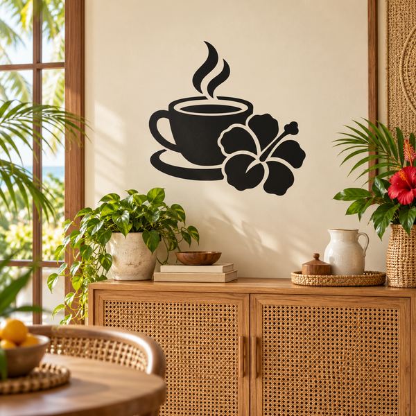 Black coffee cup and flower vinyl wall decal with small leaf accents