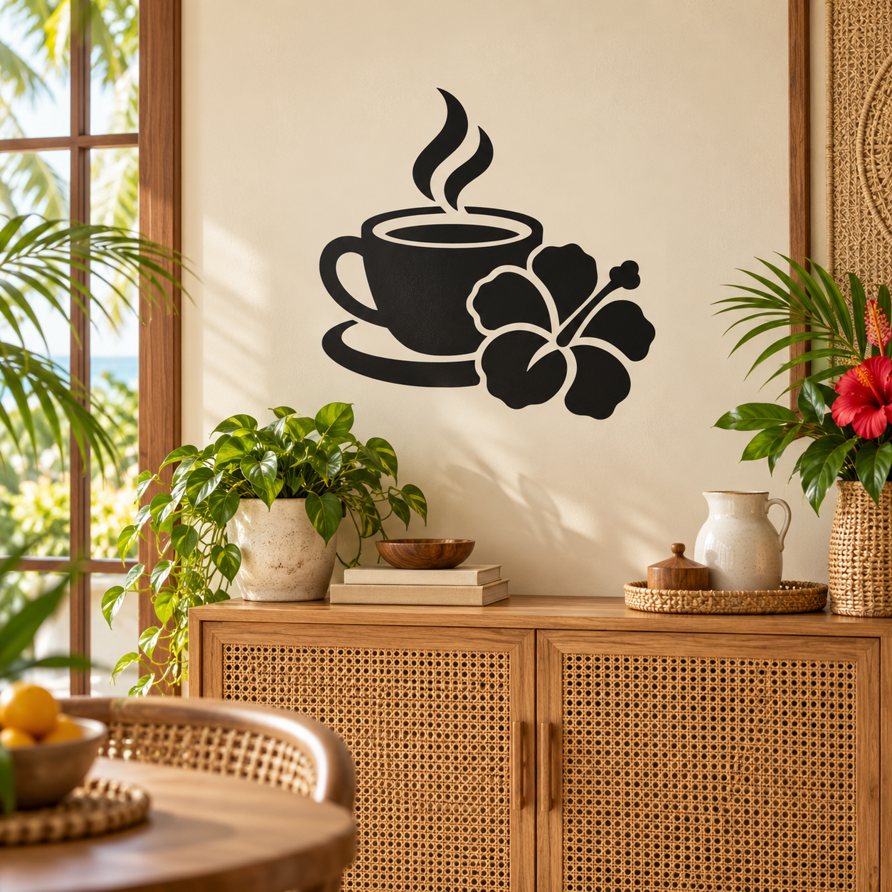 Black coffee cup and flower vinyl wall decal with small leaf accents