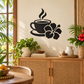 Black coffee cup and flower vinyl wall decal with small leaf accents