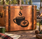 Black vinyl decal of coffee cup with steam and open compass emblem