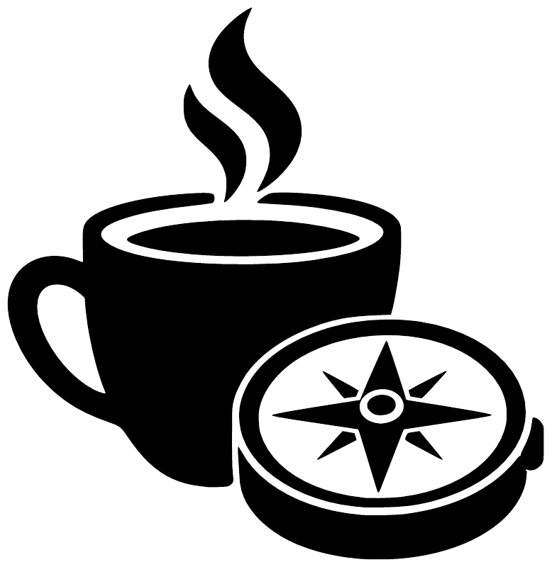 Coffee cup vinyl decal with steam and compass icon, black and white