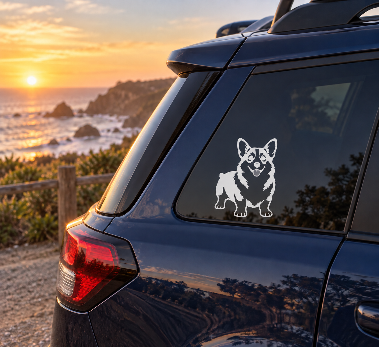 Corgi happy portrait vinyl decal on car rear window