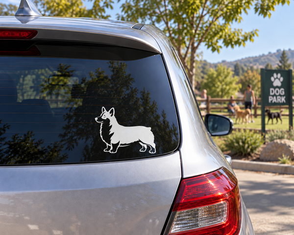 Vinyl decal dog side profile in black and white on a car rear window