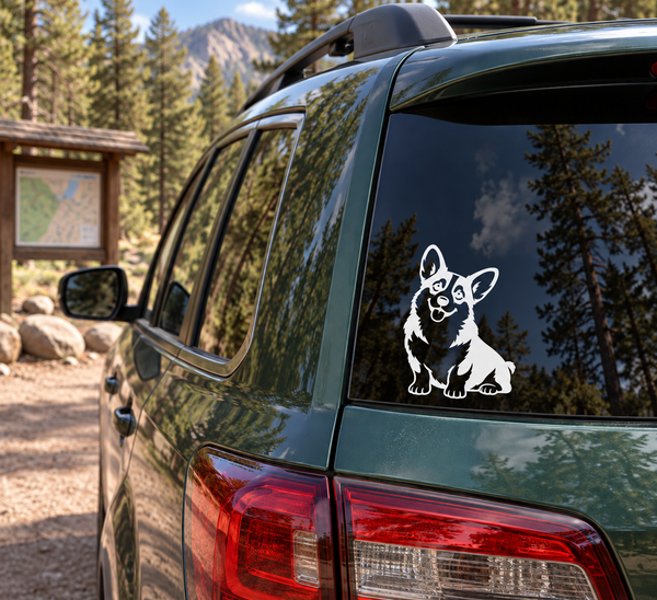 Corgi sitting vinyl decal for car window, black and white smiling dog graphic