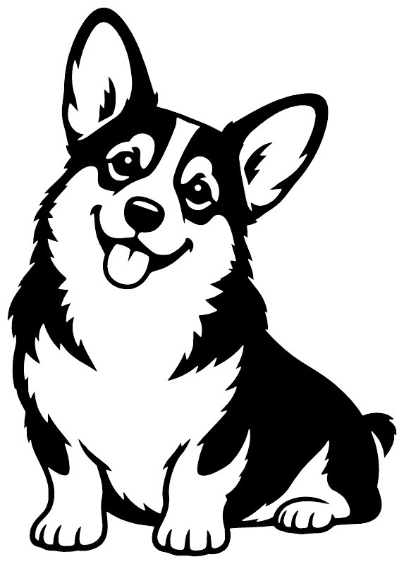 Black and white corgi sitting vinyl decal graphic, smiling dog face