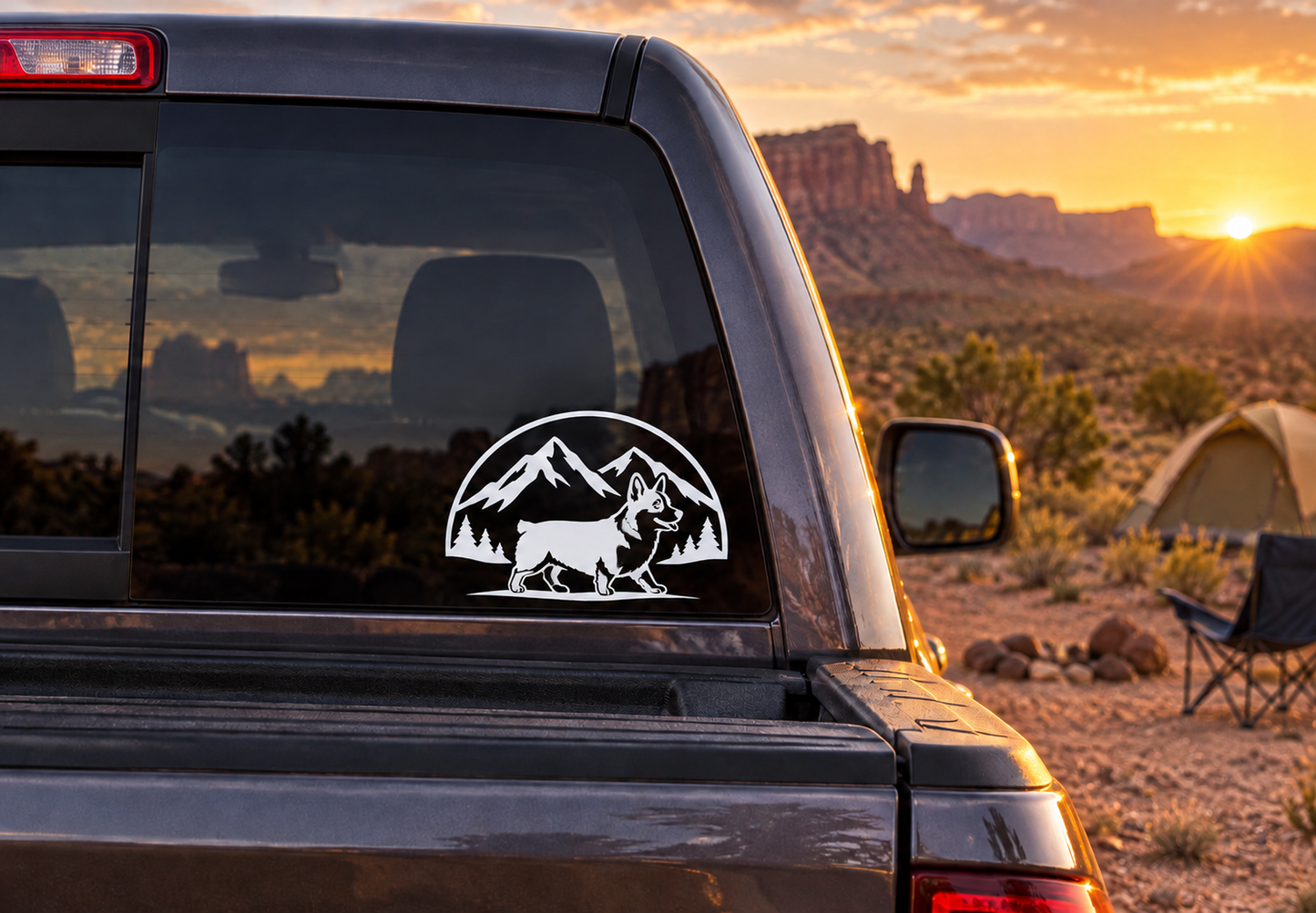 Corgi vinyl decal with mountain scene on car rear window