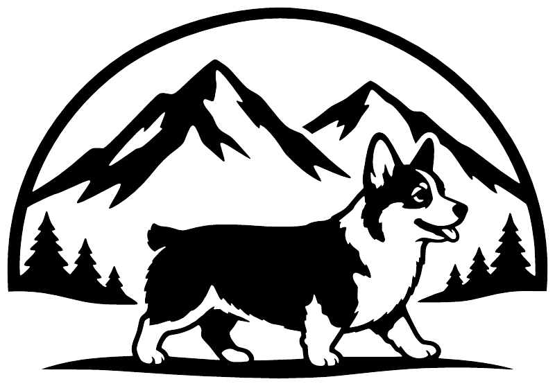 Black-and-white corgi vinyl decal with mountains and pine trees