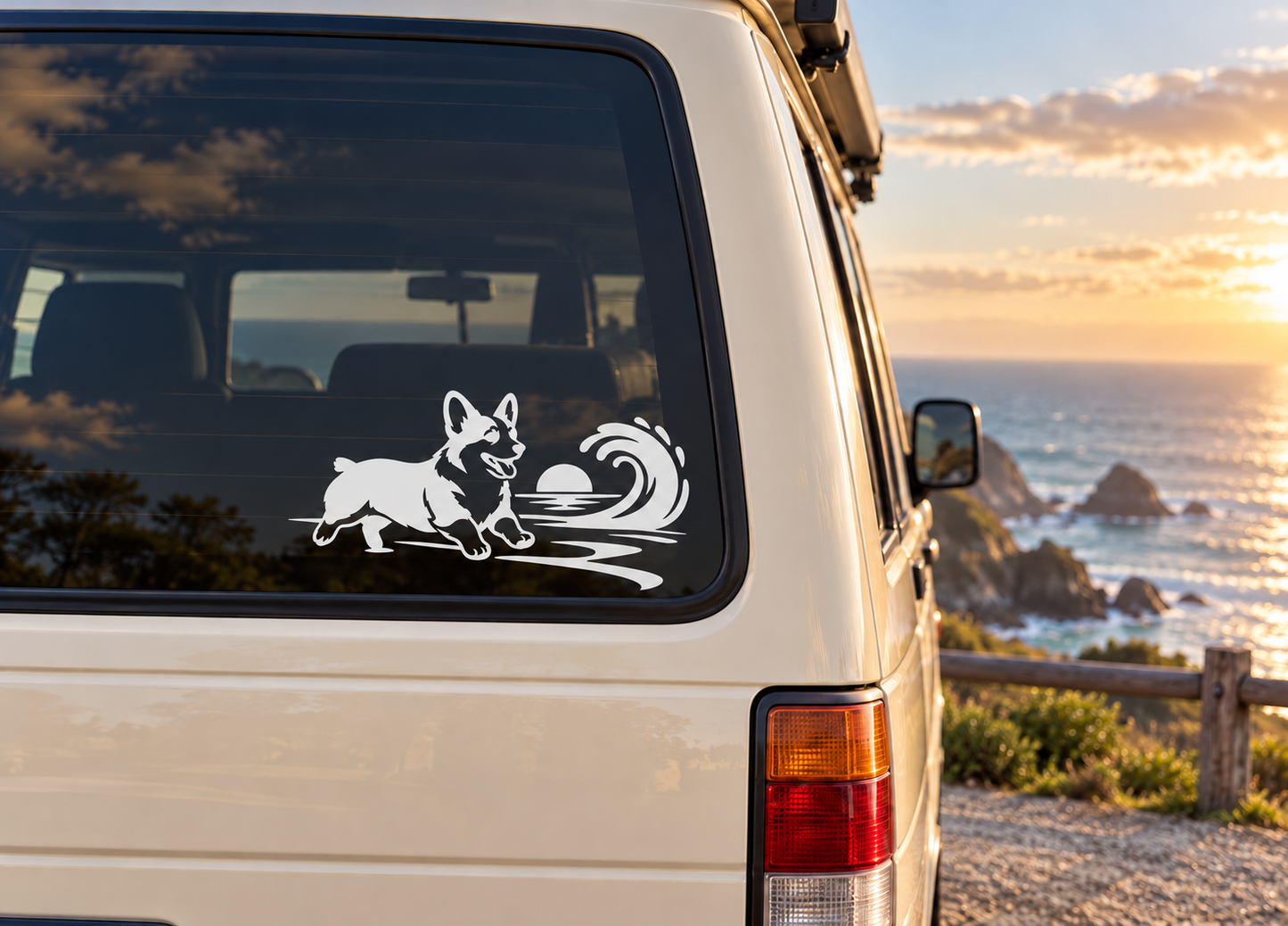 Vinyl decal of black-and-white corgi dog with wave swirl on a car window