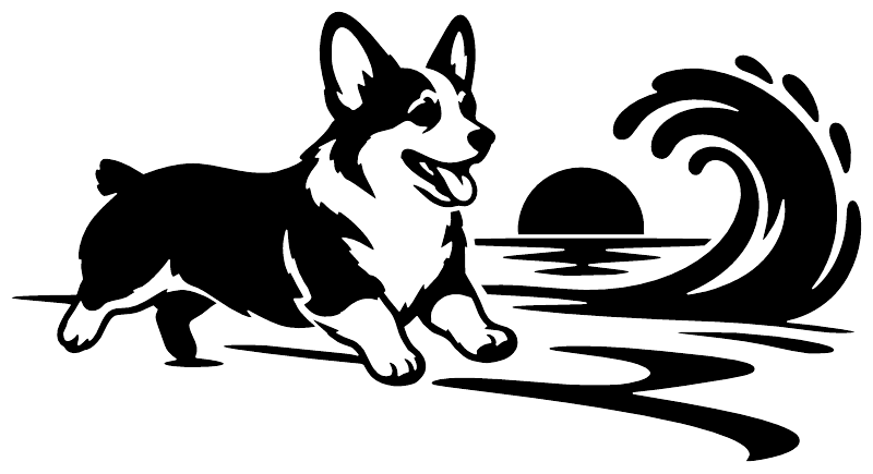 Black corgi dog vinyl decal with wave swirls and water-like splash lines