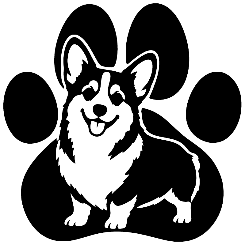 Black-and-white corgi portrait vinyl decal with paw-print shapes