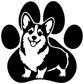 Black-and-white corgi portrait vinyl decal with paw-print shapes