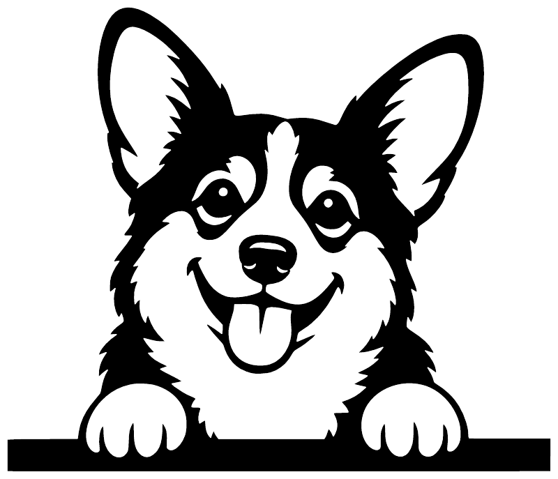 Black-and-white corgi vinyl decal graphic with large ears, open mouth, and paws