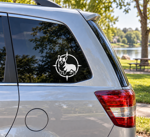 Corgi adventure badge vinyl decal on the rear side window of a car