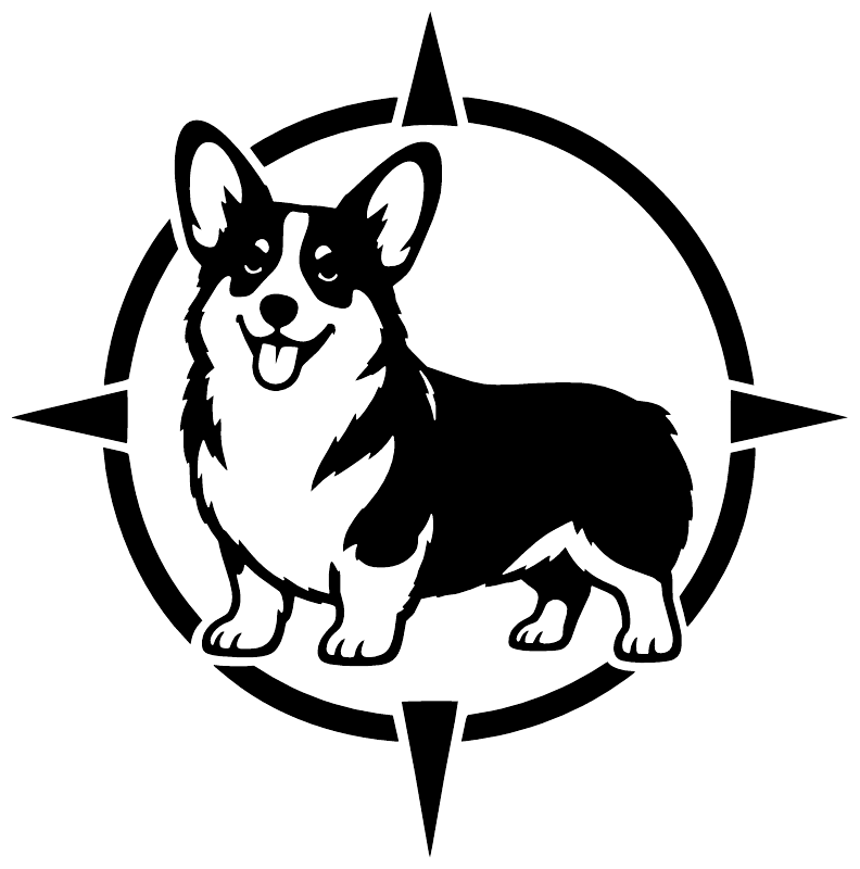 Black and white corgi adventure badge vinyl decal with compass-style outline