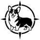 Black and white corgi adventure badge vinyl decal with compass-style outline