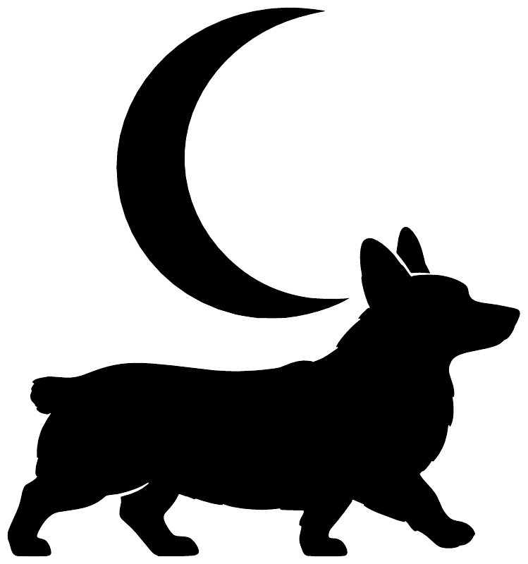 Vinyl decal cutout of black crescent moon and corgi dog silhouette