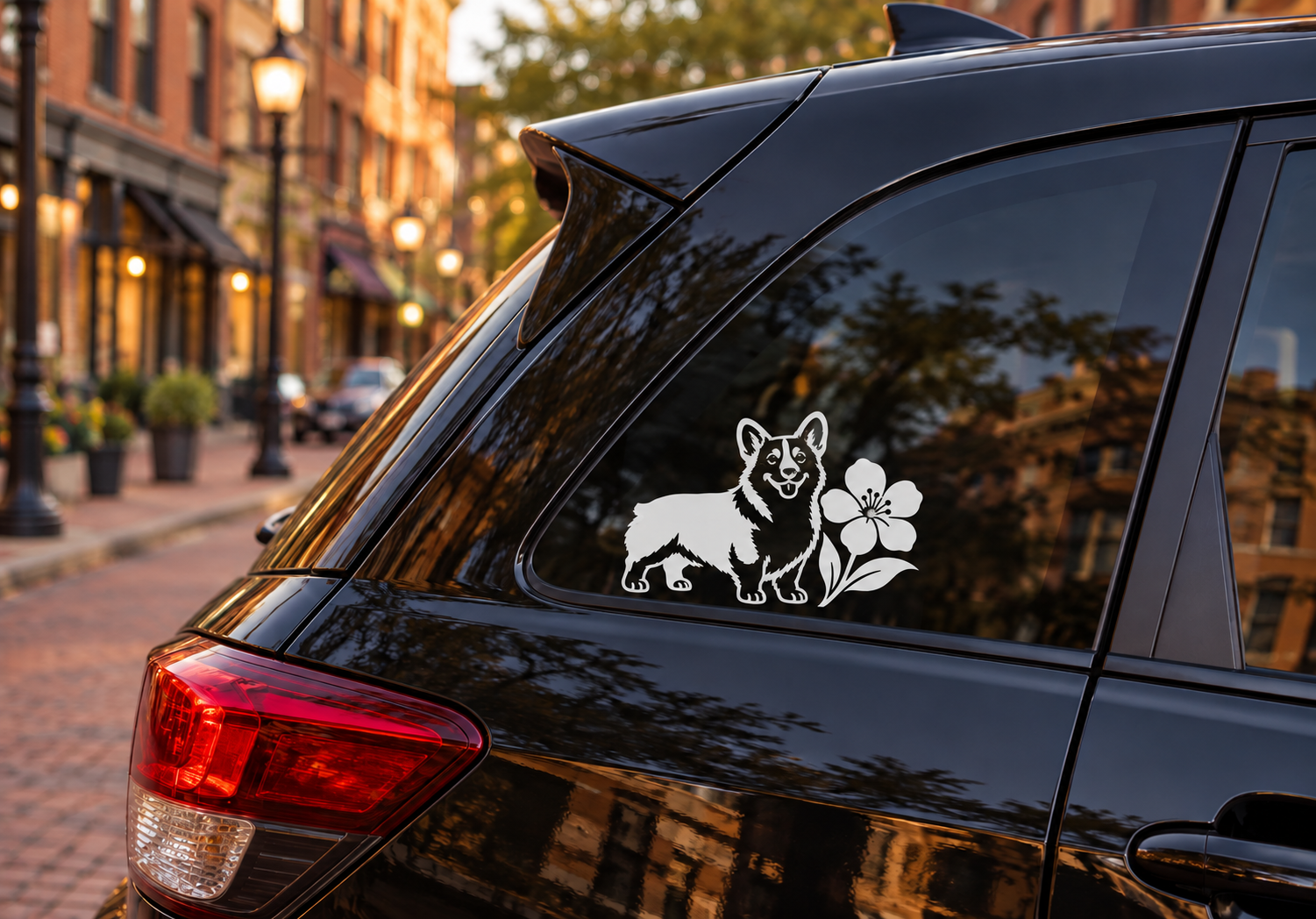 Corgi flower vinyl decal on car window, black-and-white dog with bloom