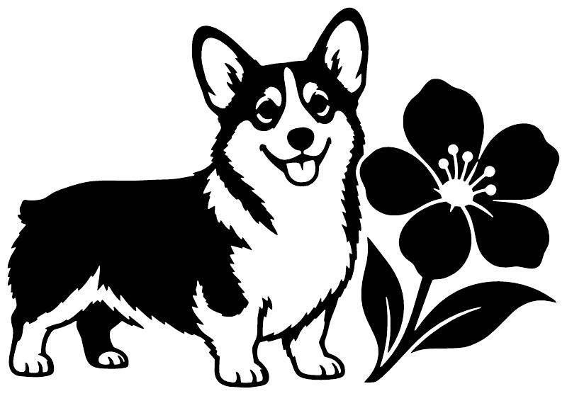 Black-and-white corgi vinyl decal with large flower and leaves