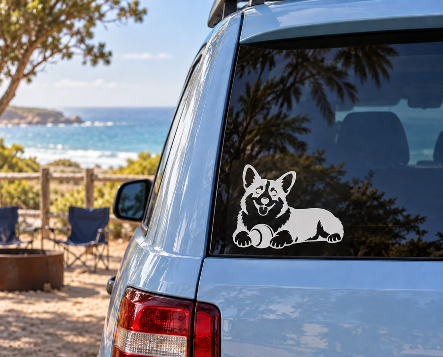 Corgi ball keeper vinyl decal on car window, black and white dog holding a ball